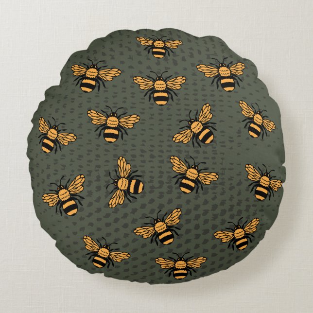 Olive Green Bee Mingle Rundes Kissen (Vorderseite)