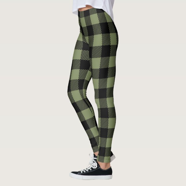 Olive Green Black Buffalo Karo Kariertes Muster Leggings (Links)