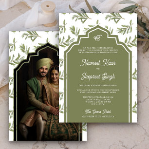 Olive Green Blätter Foto Anand Karaj Sikh Wedding Einladung