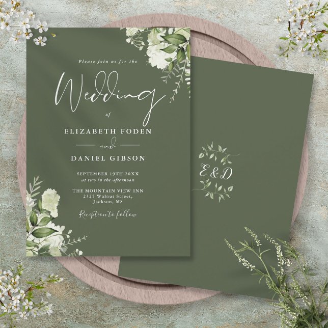 Olive Green Blätter Monogram Wedding Einladung (Olive Green Greenery Leaves Monogram Wedding Invitation)