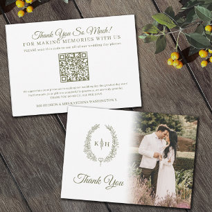 Olive green Blätter Monogramm Hochzeit Foto QR Cod Dankeskarte