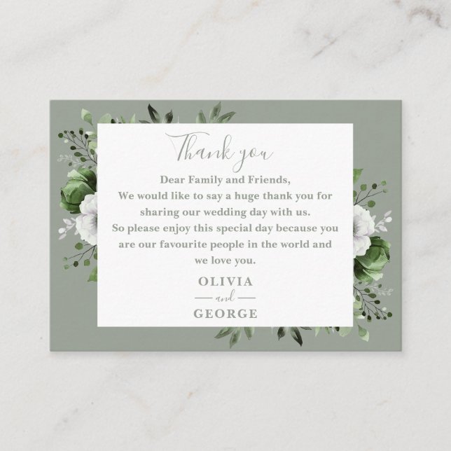 Olive Green Botanical Floral Wedding Vielen Dank Platzkarte (Vorderseite)