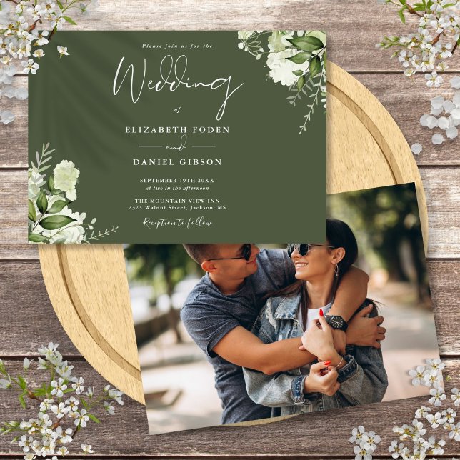 Olive Green Botanical Greenerity Foto Hochzeit Einladung (Olive Green Botanical Greenery Photo Wedding Invitation)