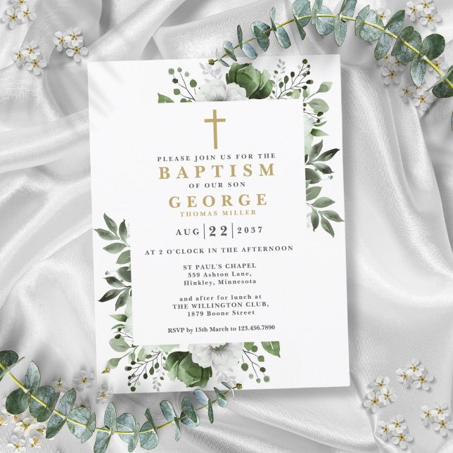 Olive Green Botanical Modern Baptismus Einladung Postkarte (Olive Green Botanical Modern Baptism Invitation Postcard)