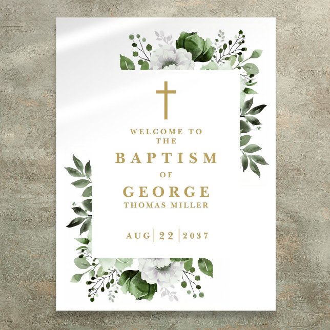 Olive Green Botanical Modern Baptisse Begrüßungsze Poster (Olive Green Botanical Modern Baptism Welcome Sign)