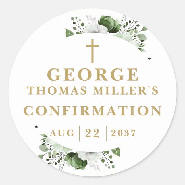 Olive Green Botanical Modern Confirmation Runder Aufkleber (Vorderseite)