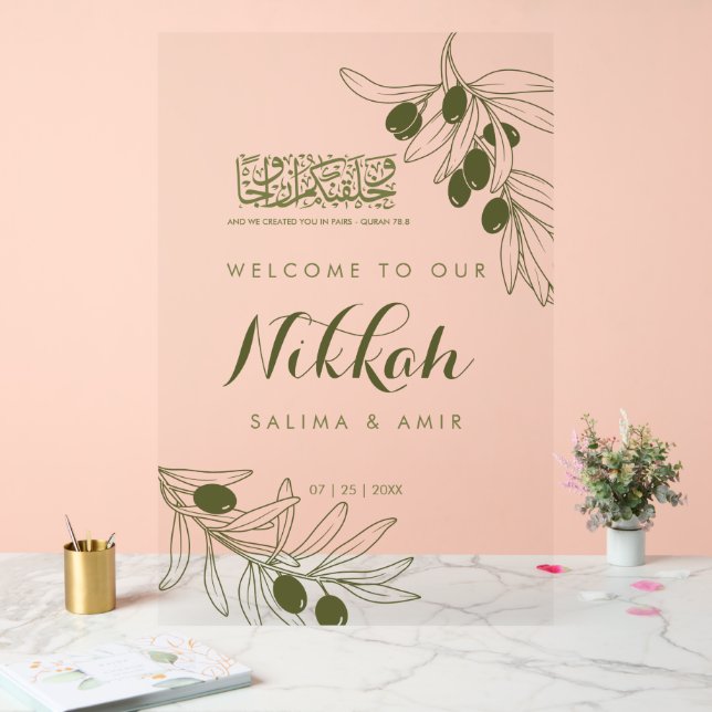 Olive Green Branches Nikkah Acrylic Sign Acrylschild (Hochzeit)