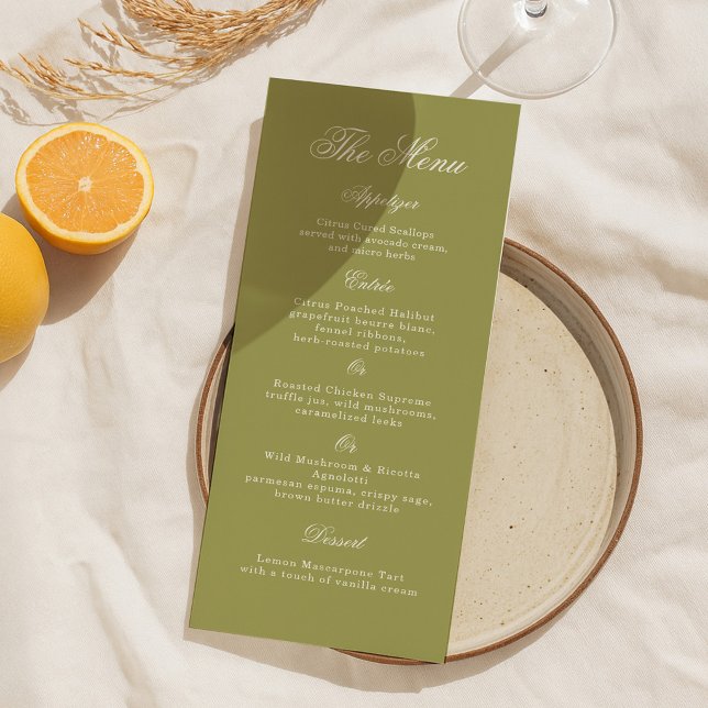 Olive Green Calligraphy Wedding Long Menu Card Einladung (Von Creator hochgeladen)