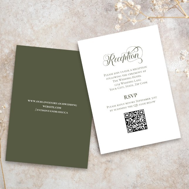 Olive Green Calligraphy Wedding QR Code RSVP Begleitkarte (Olive green wedding RSVP card with elegant calligraphy and QR code)
