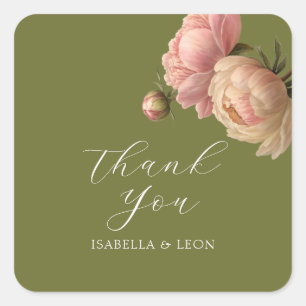 Olive Green   Chic Blush Script-Rose Hochzeit Quadratischer Aufkleber