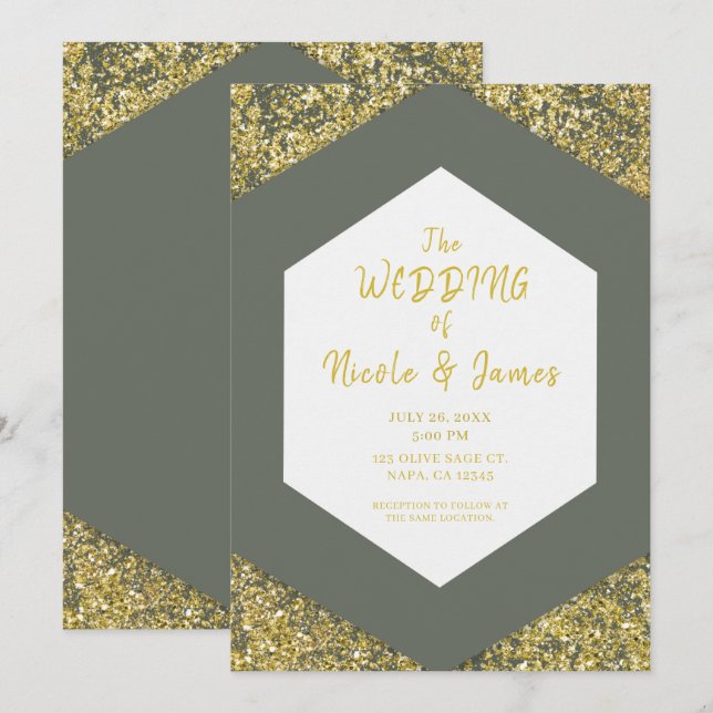 Olive Green Chic Glitzer Flakes Glam Wedding Einladung (Vorne/Hinten)