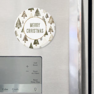 Olive Green Christmas Trees Gold Glitzer Circle Magnet