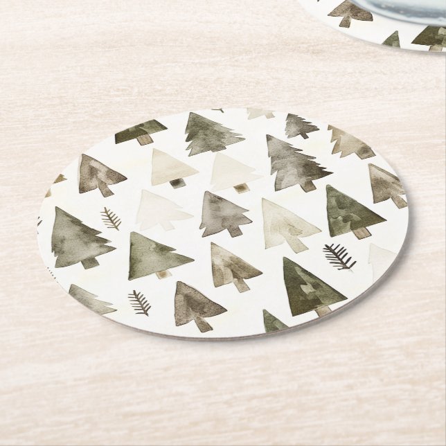 Olive Green Christmas Trees Runder Pappuntersetzer (Angewinkelt)