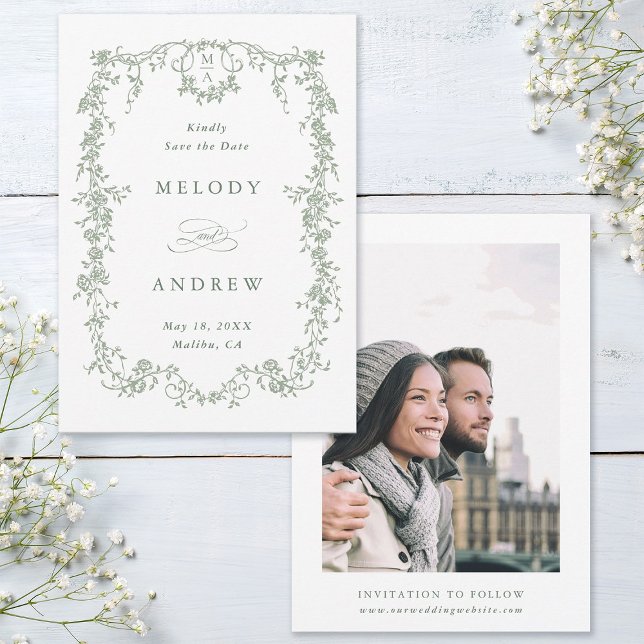 Olive Green Classic French Floral Wedding Foto Save The Date (Front & Back)