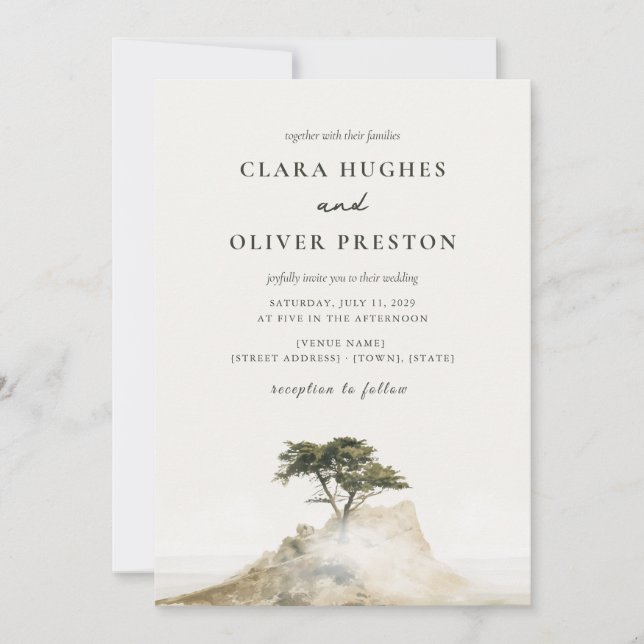 Olive Green Coastal Mist Script Cypress Wedding  Einladung (Vorderseite)