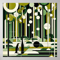 Olive Green Cream Geometric Pinguin Forest Retro