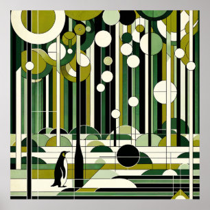 Olive Green Cream Geometric Pinguin Forest Retro Poster