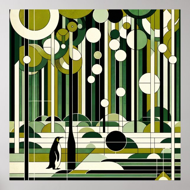 Olive Green Cream Geometric Pinguin Forest Retro Poster (Vorne)
