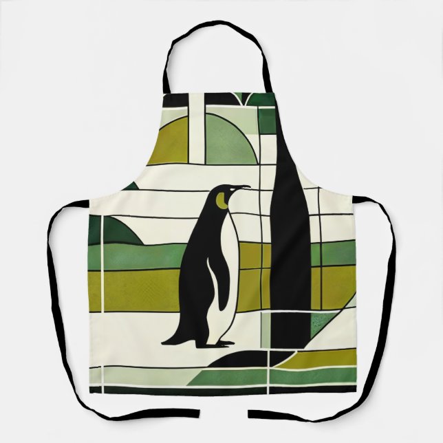 Olive Green Cream Geometric Pinguin Forest Retro Schürze (Vorderseite)