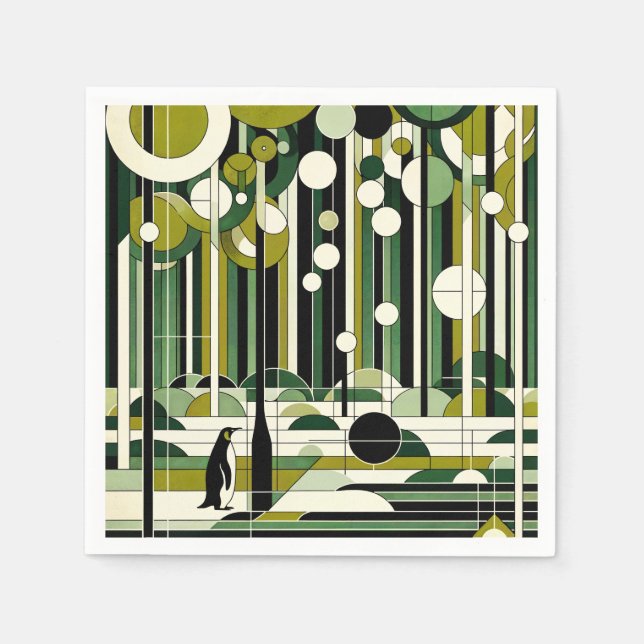 Olive Green Cream Geometric Pinguin Forest Retro Serviette (Vorderseite)