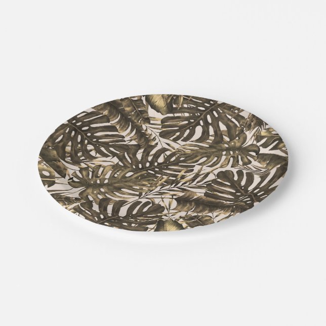 Olive Green & Cream Tropical Palm Blätter Hochzeit Pappteller (Schrägansicht)
