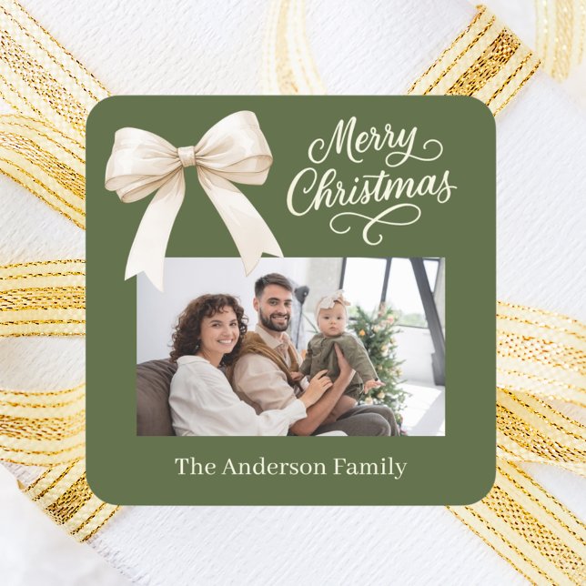 Olive green creme bow Foto script Quadratischer Aufkleber (Von Creator hochgeladen)