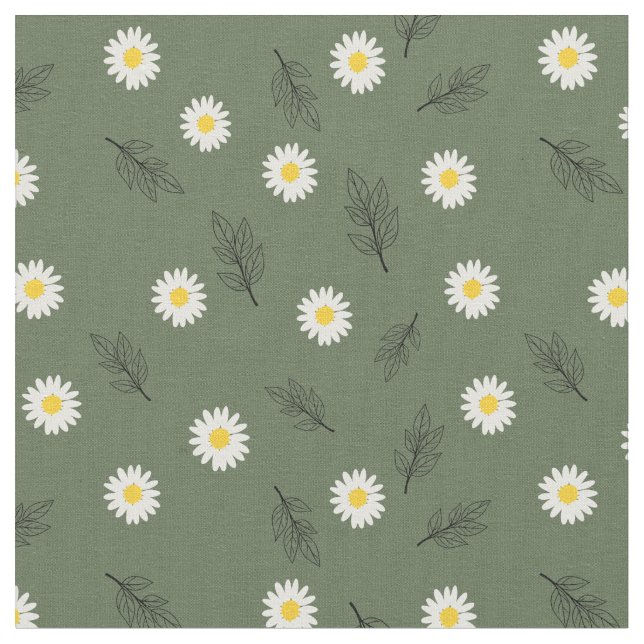 Olive Green Daisy Scatter - Combed Cotton Fabric Stoff (Nahaufnahme)