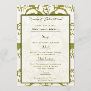 Olive Green Damask Hochzeitsprogramm Menükarte