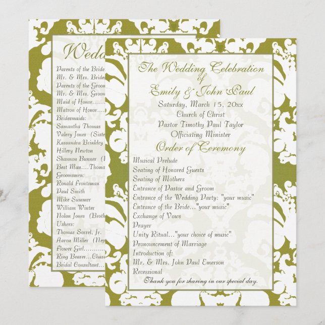 Olive Green Damask Hochzeitsprogramm Programm (Vorne/Hinten)