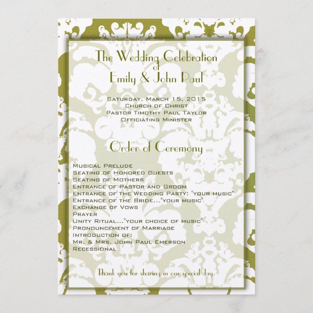 Olive Green Damask Hochzeitsprogramm Programm (Vorderseite)