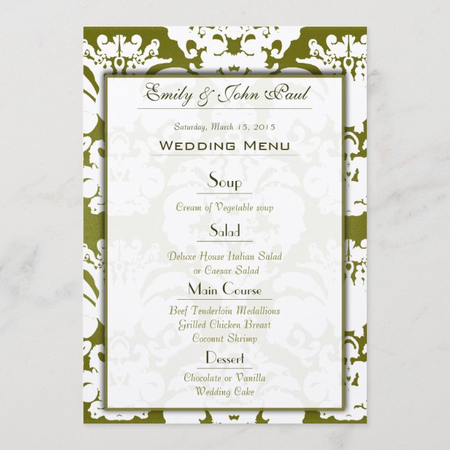 Olive Green Damask Wedding Menu Menükarte (Rückseite)