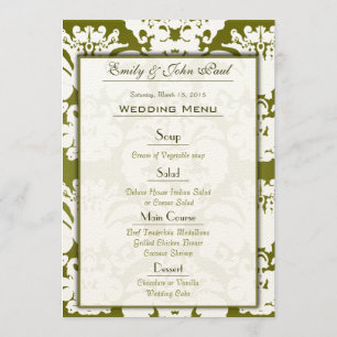 Olive Green Damask Wedding Menu Menükarte