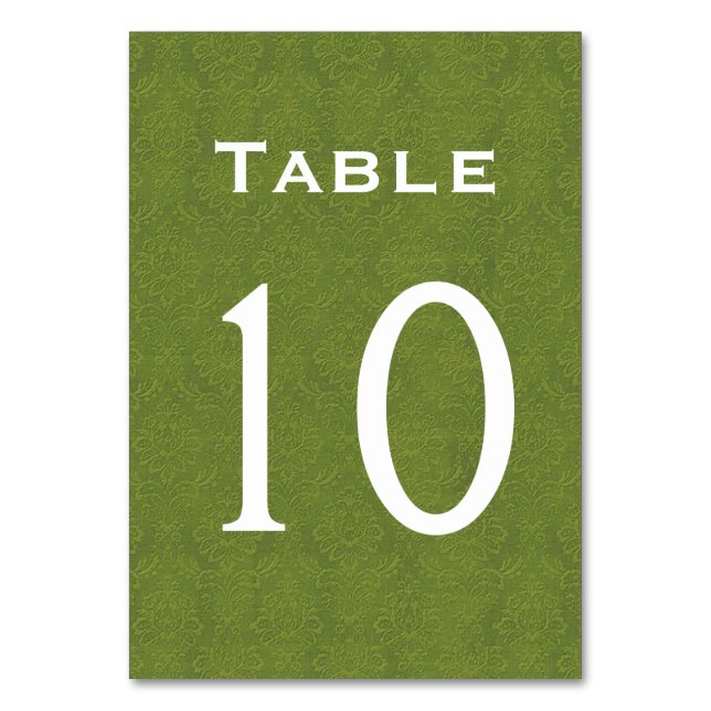 Olive Green Damask Wedding Tischnummer 10 (Vorderseite)