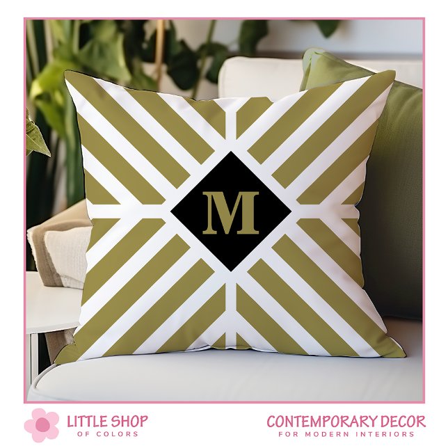 Olive Green Diagonal Stripes Monogramm Kissen (Von Creator hochgeladen)