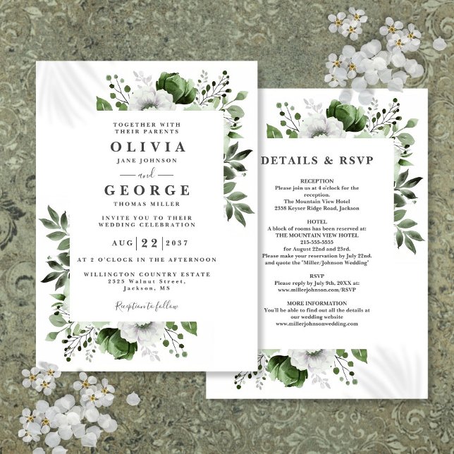 Olive Green Elegant Floral Alles in einer Hochzeit Einladung (Olive Green Elegant Floral All In One Wedding Invitation)