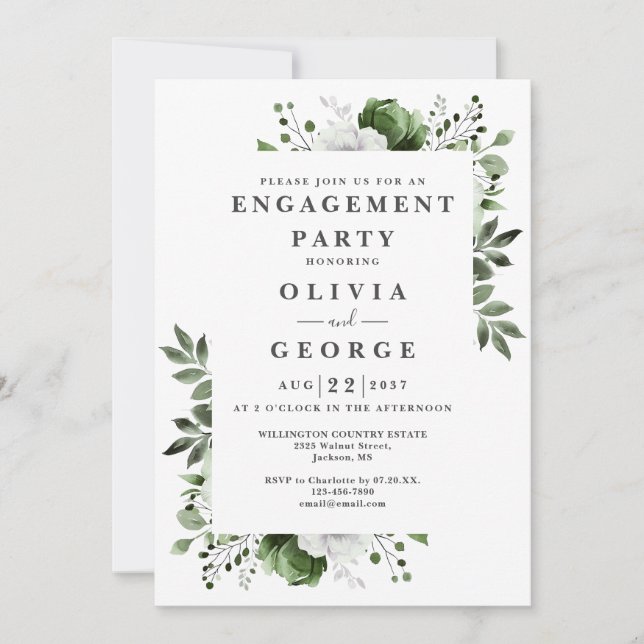 Olive Green Elegant Floral Engagement Party Einladung (Vorderseite)