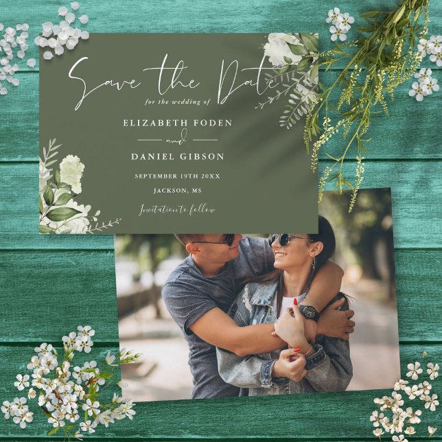 Olive Green Elegant Grüne Foto Hochzeit Save The Date (Olive Green Elegant Greenery Floral Photo Wedding Save The Date)