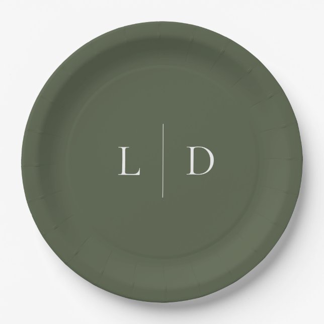 Olive Green Elegant Minimalistisch Monogram Weddin Pappteller (Vorderseite)