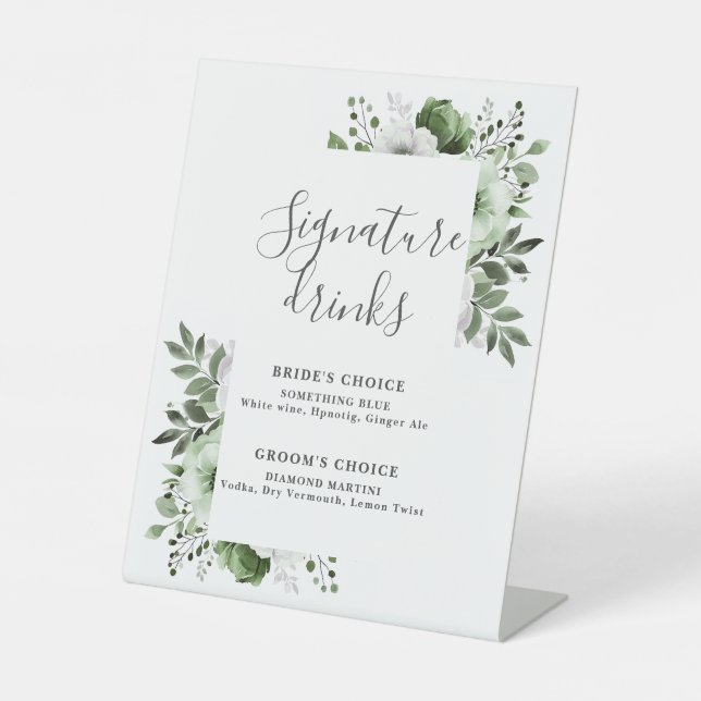 Olive Green Elegant Moderne Blumen Signature Drink Sockelschild (Vorderseite)