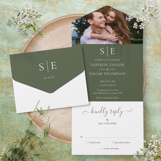 Olive Green Elegant Monogram Foto Wedding All In One Einladung (Olive Green Elegant Monogram Photo Wedding All In One Invitation)