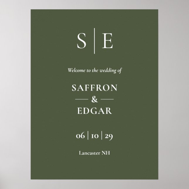 Olive Green Elegant Monogram Wedding Welcome Sign Poster (Vorne)
