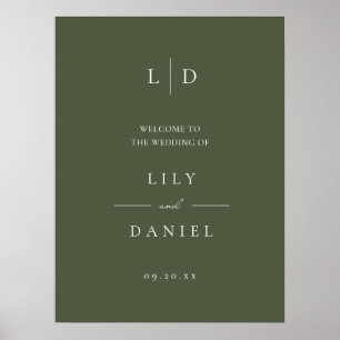 Olive Green Elegant Monogram Wedding Welcome Sign Poster