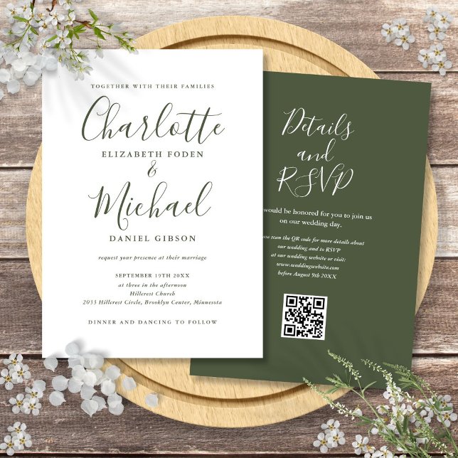 Olive Green Elegant Script QR Code Hochzeit Einladung (Olive Green Elegant Script QR Code Wedding Invitation)