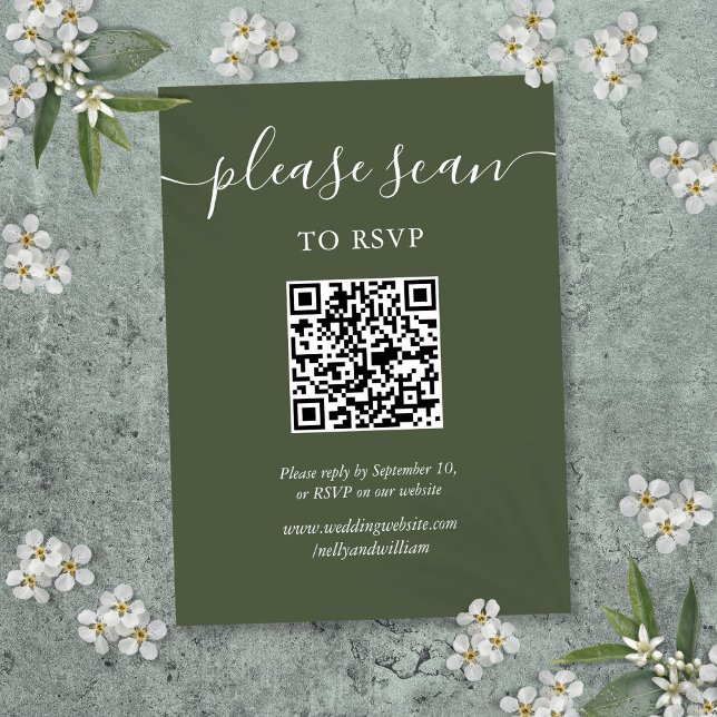 Olive Green Elegant Script UAWG QR Code Begleitkarte (Olive Green Elegant Script RSVP QR Code Enclosure Card)