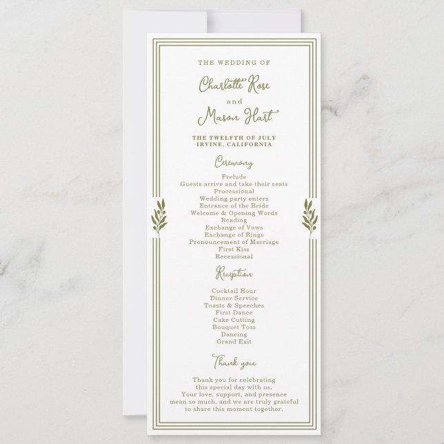 Olive Green Elegant Wedding Program Card Einladung (Vorderseite)