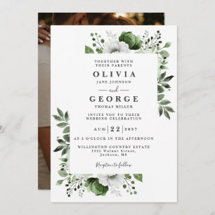 Olive Green Elegante Botanisches Foto Hochzeit Einladung