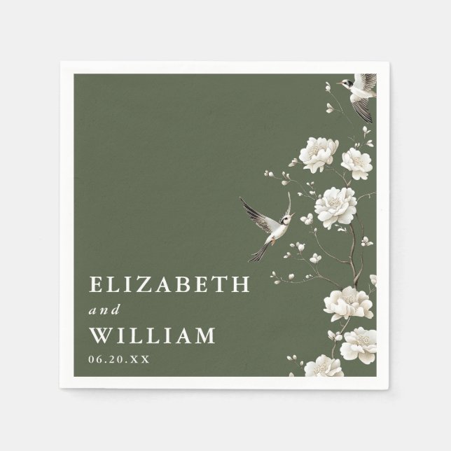 Olive Green Elegante Chinoiserie Rodelbahn Serviette (Vorderseite)