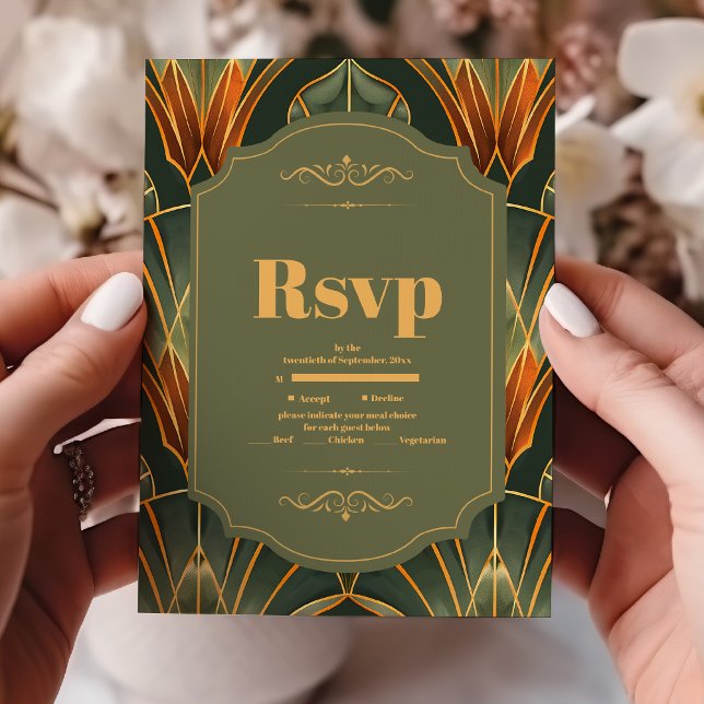 Olive Green Elegante Verziert Vintage Hochzeit RSVP Karte (Von Creator hochgeladen)