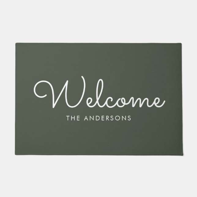Olive Green Extravagant Script "Welcome" Personali Fußmatte (Vorderseite)