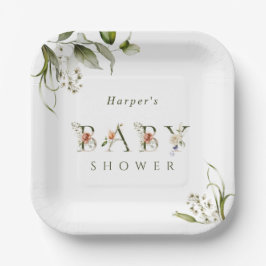 Olive Green Floral Botanical Letter Baby Dusche Pappteller